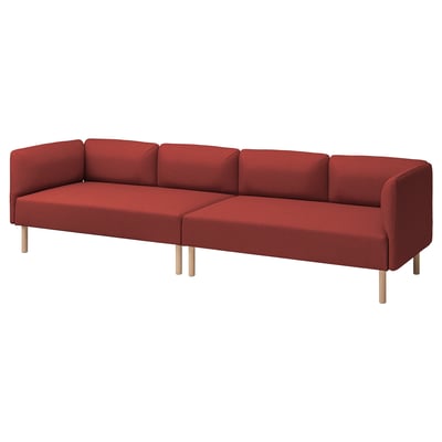 LILLEHEM raudono audinio sekcijinė sofa, modernaus dizaino su kvadratinėmis rankomis, medinėmis kojomis.
