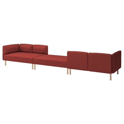 Red lillem modulinė sofa su medinėmis kojomis, audinio danga, l formos dizainas.