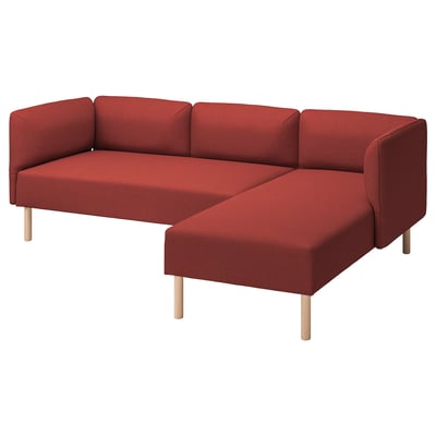 Raudona L formos sofa, medinės kojos