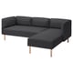 Moderni tamsiai pilka L formos sekcijinė sofa, aptakios medinės kojos, kampinis dizainas, patogus.