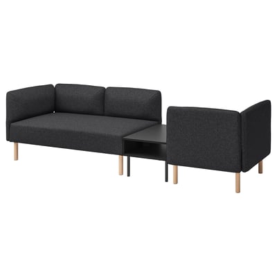 Moderni tamsiai pilko audinio modulinė sofa LILLEHEM su medinėmis kojomis ir šoniniu staliuku.