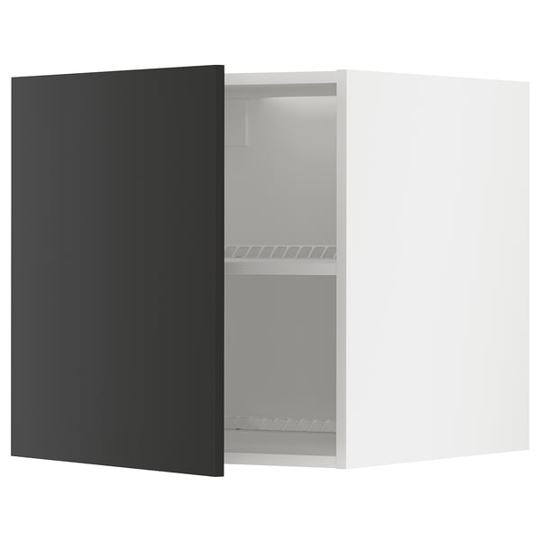 Ikea METOD virtuvės spintelė juoda su baltu interjeru, reguliuojamomis lentynomis, kvadrato forma.
