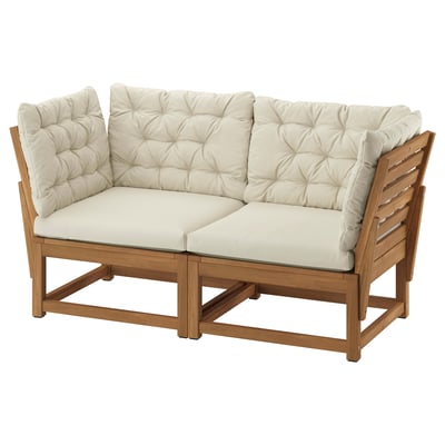 NÄMMARÖ Dvivietė modulinė lauko sofa, porankiai šviesiai rudai beicuota (-s)/Kuddarna šviesi pilkai smėlinė, 147 cm