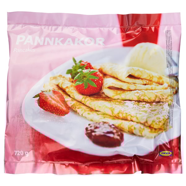 IKEA PANNKAKOR blynų maišelis, 720g, su sukrautais blynais su uogomis ir grietinėle.