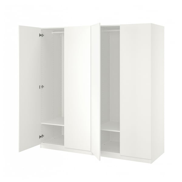 Balta ikea PAX spinta, atvira su tuščiomis lentynomis.