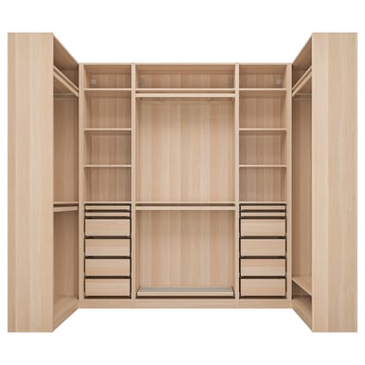 Ikea PAX šviesios medienos spinta su lentynomis ir stalčiais.