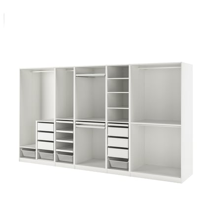 Balta ikea PAX spinta su lentynomis, bėgiais, stiklo stalčiais. Drabužių ir aksesuarų laikymo sprendimas.