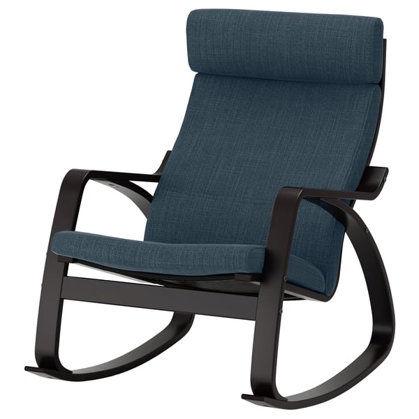 POÄNG supamoji kėdė, mėlynas, tamsiai rudas rėmas, paminkštintas, ergonomiškas dizainas.
