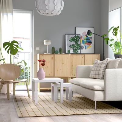 Moderni svetainė su raudonai dryžuotu kilimu, pilka sofa, augalais ir atviru balkonu.