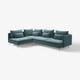 Moderni žalsvai mėlyna sekcijinė sofa, gilios sėdynės, plonos linijos, aukštos kojos, su keliomis pagalvėlėmis.