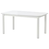 STRANDTORP baltas ištraukiamas valgomojo stalas su metalinėmis kojomis, modernus minimalistinis dizainas.