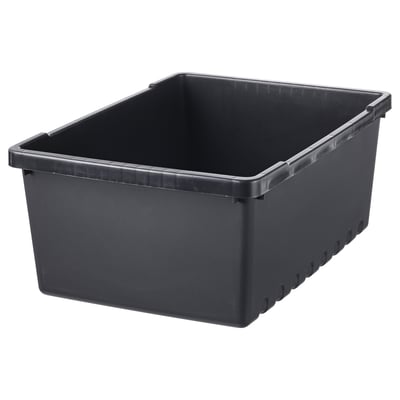 Juoda plastikinė daiktadėžė, stačiakampio formos, lygios pusės, gilus indas.