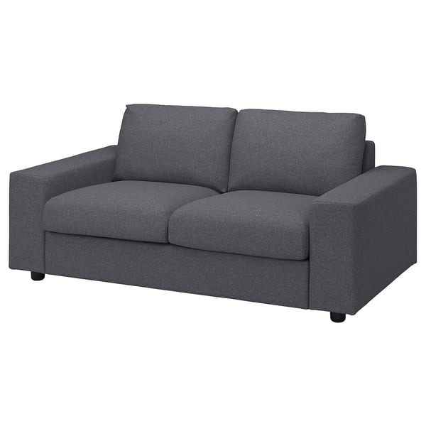 Sofa VIMLE, pilka, modernus minimalistinis dizainas, stačiakampio formos, aptraukta audiniu, dvi pagalvėlės.
