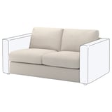 Šiuolaikinė smėlio spalvos sofa, VIMLE, ant keturių kojų, su švariomis linijomis ir dėžutės pagalvėlėmis.
