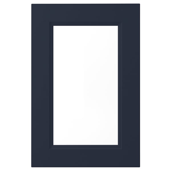 AXSTAD синяя дверца кухонного шкафа, квадратная форма, матовая отделка со встроенной стеклянной панелью.