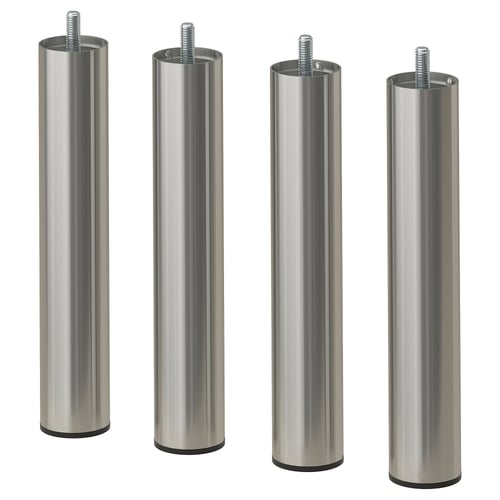 Четыре одинаковые ножки BJORLI из нержавеющей стали, предназначенные для мебели. Каждая ножка цилиндрическая с резьбовым верхом и черной насадкой для ножки.