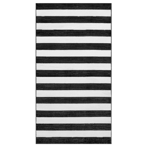Ковер в черно-белую полоску под названием ELSYSTEM с тканым дизайном и мягким низким ворсом, идеально подходит для спален или прихожих.