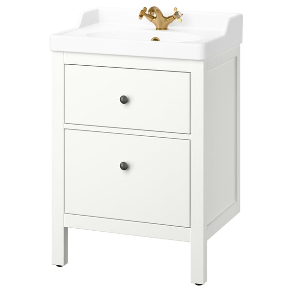 Белый туалетный столик HEMNES, золотой смеситель, два ящика.