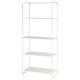 Белый металлический стеллаж JOSTEIN с четырьмя пустыми полками, подходящий как для внутреннего, так и для наружного использования.
