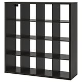 Черный стеллаж ikea KALLAX с модульной кубической конструкцией, идеально подходит для хранения и организации.