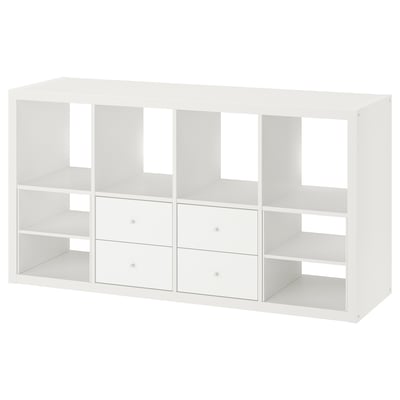Белый стеллаж ikea KALLAX с открытыми секциями и секциями с выдвижными ящиками. Это современная, модульная конструкция, идеально подходящая для хранения и организации.