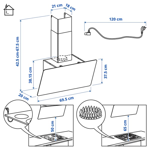 KNUVEBO Вытяжка кухонная стен креп (колпак), IKEA 500 чёрный, 70 см