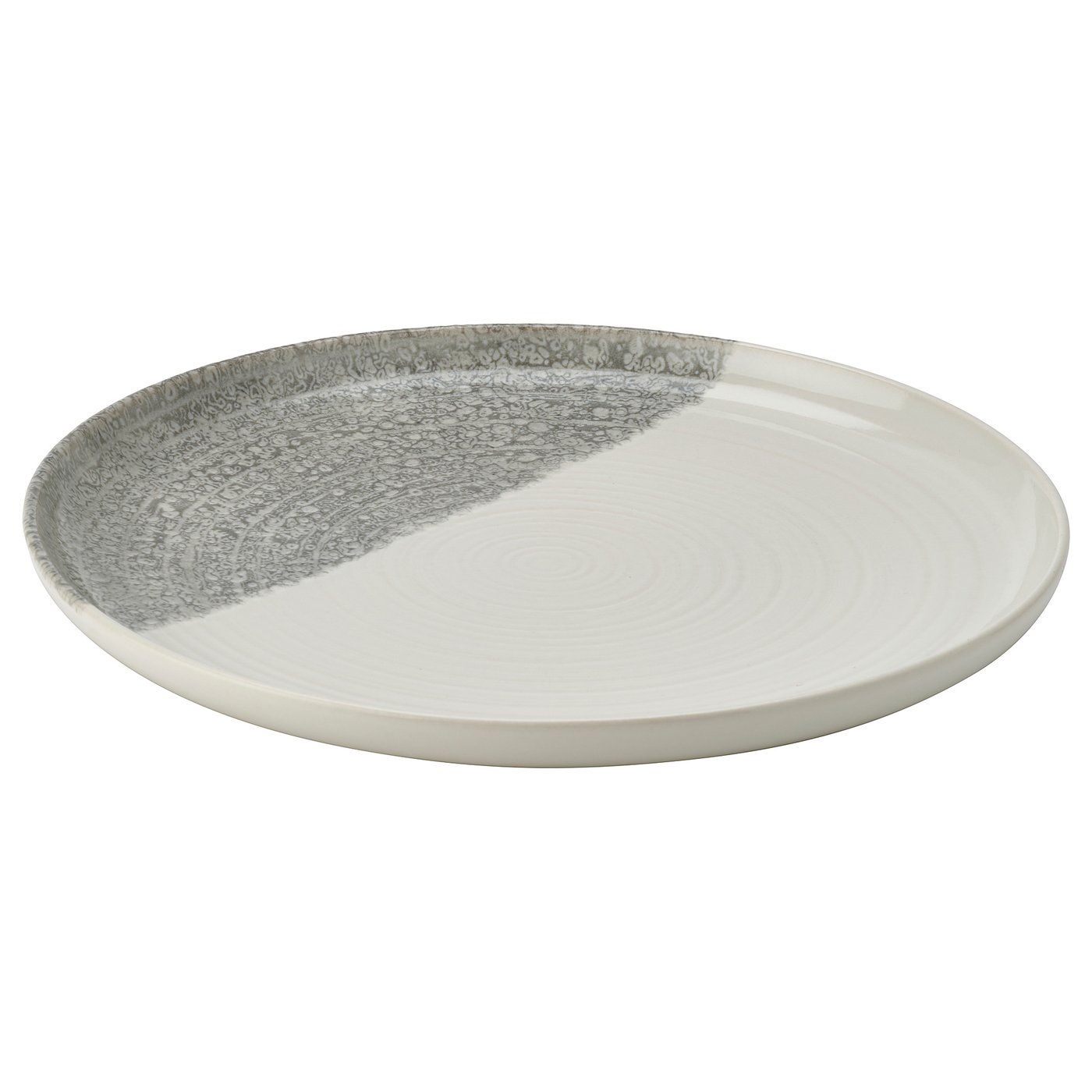 Тарелка КРУСТИСТЕЛ, наполовину белая, наполовину серая крапчатая, круглая, керамогранит с фактурным рисунком.