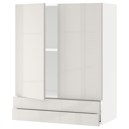 Глянцевый белый кухонный шкаф ikea METOD с двумя дверцами и двумя ящиками.