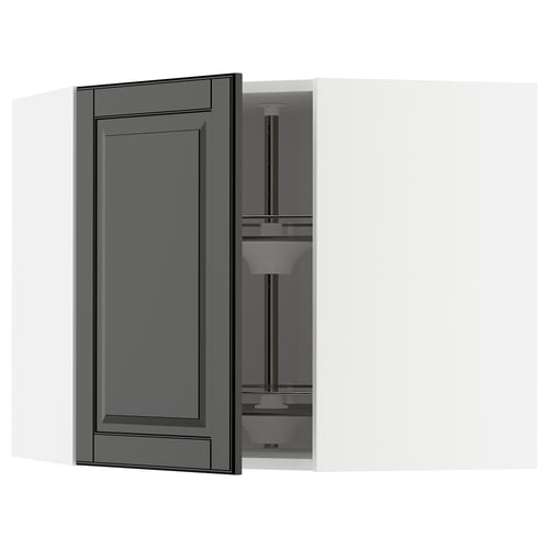 Серый кухонный шкаф ikea METOD с черной дверцей со скошенными краями и регулируемой стеклянной полкой.