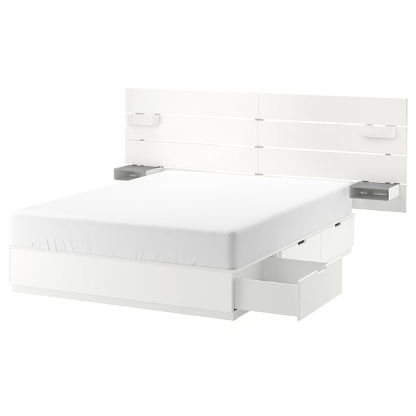 Белая кровать NORDLI с 6 ящиками для хранения, элегантное изголовье с регулируемыми полками, современный минималистичный дизайн.