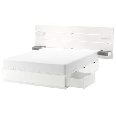 Белая кровать NORDLI с изголовьем и ящиками для хранения. Его элегантный, современный и несколько отделений для экономии места.