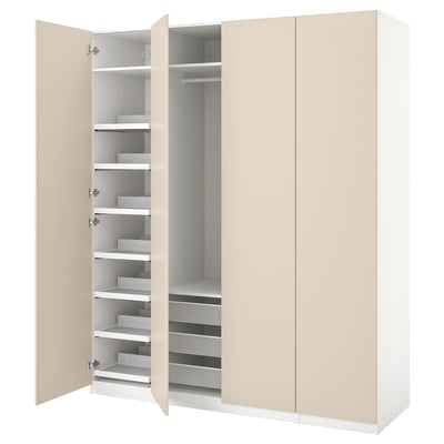 Открытый бежевый шкаф IKEA PAX с полками и ящиками.