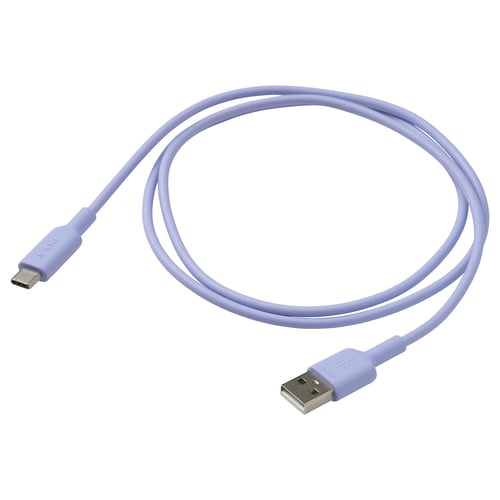Гибкий usb-кабель лавандового цвета под названием SITTBRUNN. Он имеет разъемы usb-c и usb-a и изготовлен из пластика TPE, не содержащего ПВХ.