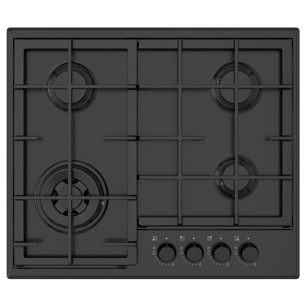 Черная газовая варочная панель с 4 конфорками и ручками управления, прочные чугунные опоры.