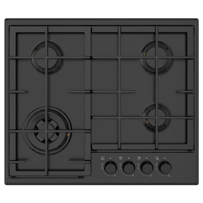 Черная газовая варочная панель с 4 конфорками и ручками управления, прочные чугунные опоры.