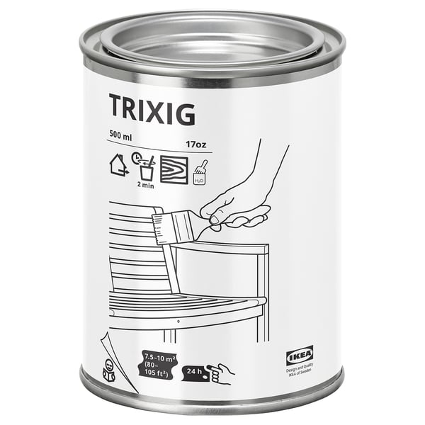 Белая банка из прозрачной морилки ikea TRIXIG, предназначенная для наружных работ. Она имеет металлическую крышку и включает в себя иллюстрации применения на мебели.
