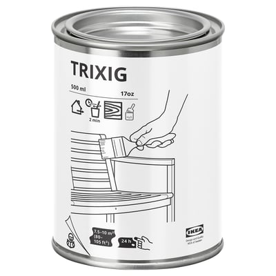 Белая банка из прозрачной морилки ikea TRIXIG, предназначенная для наружных работ. Она имеет металлическую крышку и включает в себя иллюстрации применения на мебели.