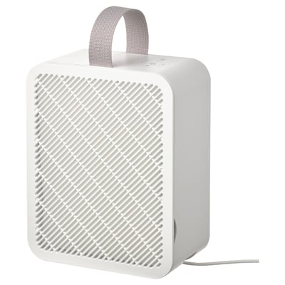 An ikea UPPÅTVIND air purifier. Он небольшой, белого цвета, с ручкой для переноски и сетчатой конструкцией, стоящий вертикально.