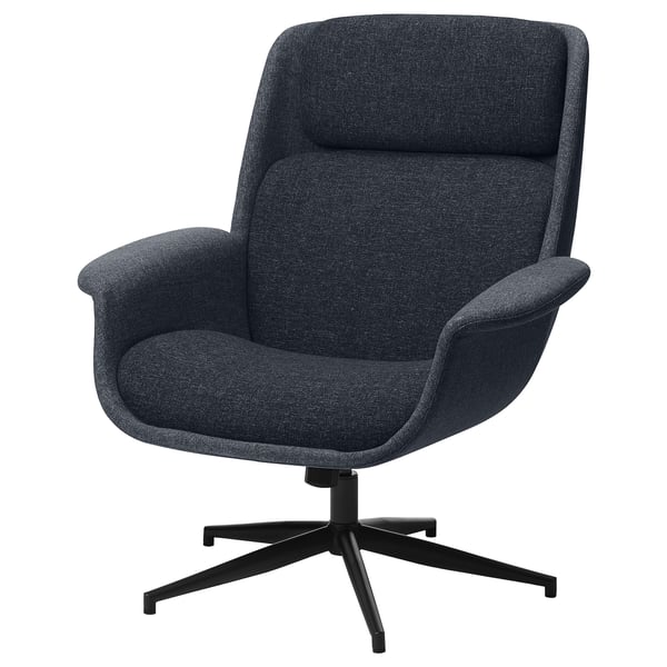 Dark grey upholstered swivel armchair, ergonomic design, four-star base.
