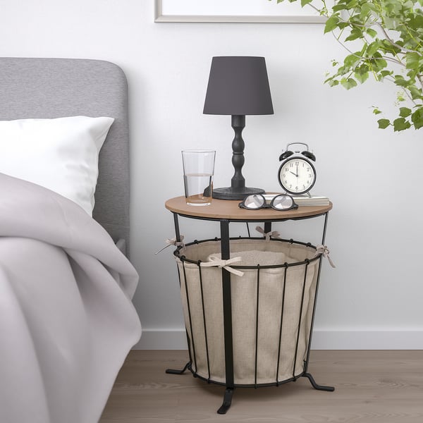 ÄNGESBYN side table & storage, wood & metal, fits beside bed, smaller than bed, holds lamp & clock.