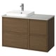 Modern bathroom vanity, ÄNGSJÖN, with brown oak effect, 4 drawers, white countertop, and rectangular ceramic sink.