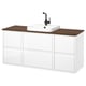 White wall-mounted bathroom vanity, 3 drawers, wooden top, square bowl sink, matte black tap.