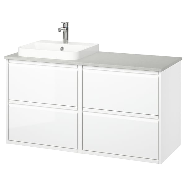 Modern white bathroom vanity with two drawers and a marble countertop. Square sink and chrome faucet.