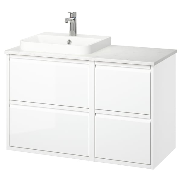 Modern white bathroom cabinet, sleek design, four drawers, marble countertop, chrome faucet.
