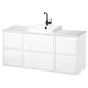 A modern white ÄNGSJÖN bathroom vanity, featuring drawers and a marble countertop with a black fixtures sink.