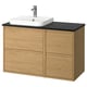 The ÄNGSJÖN bathroom vanity in oak has 4 drawers, a black marble countertop, and a white square sink.
