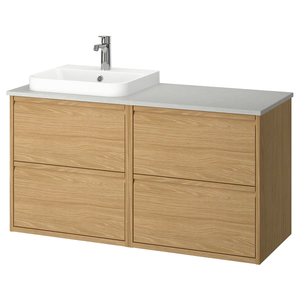 Modern wall-mounted light oak vanity with marble countertop and white square sink.