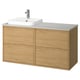 Modern wall-mounted light oak vanity with marble countertop and white square sink.