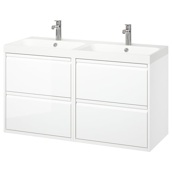 A white ÄNGSJÖN double vanity with two sinks and four drawers for bathroom storage.