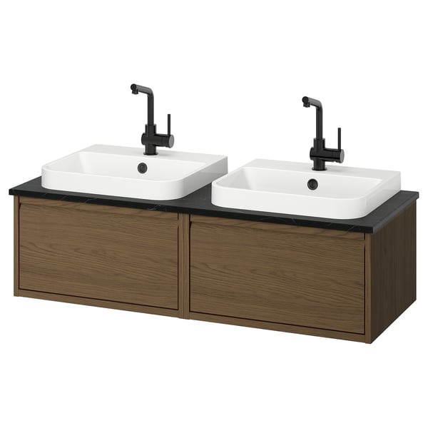 A dual modern bathroom sink unit named ÄNGSJÖN in brown oak with two square white basins and black fixtures.